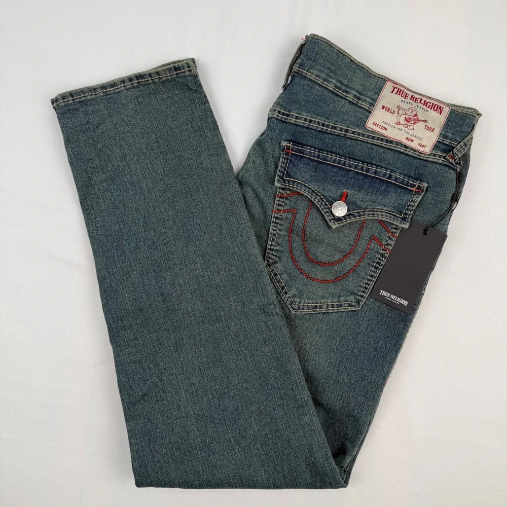 True Religion Geno Big T Flap Slim Jeans Medium Steamy Wash Red Stitch 36X32 NEW